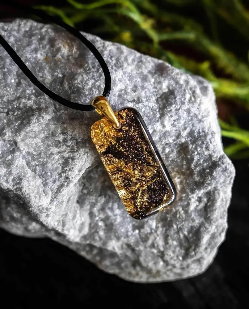 Jewelry - Bog Oak & Gold-Tone Leaf Pendant – Rectangle – Eternal Flow - GLASS4CANDLES
