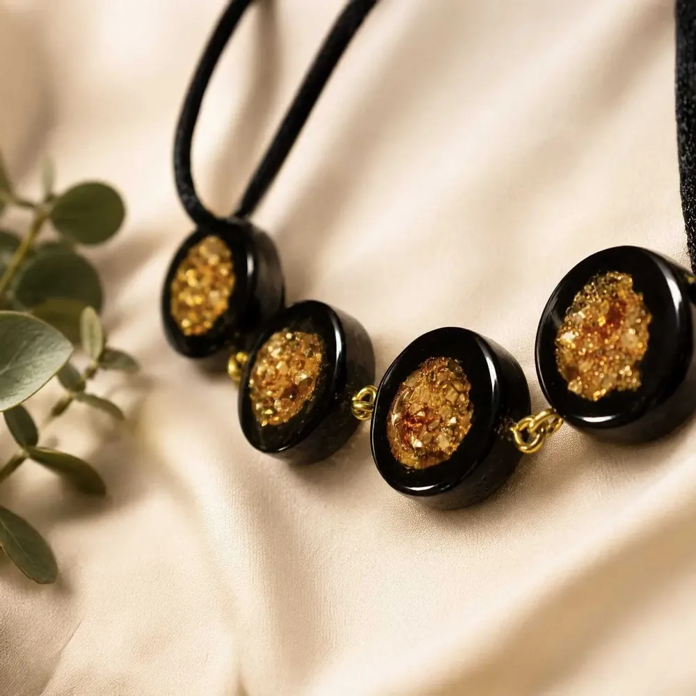 Bracelets - Bog Oak & Resin Bracelet – Round – four settings, gold-tone flecks - GLASS4CANDLES