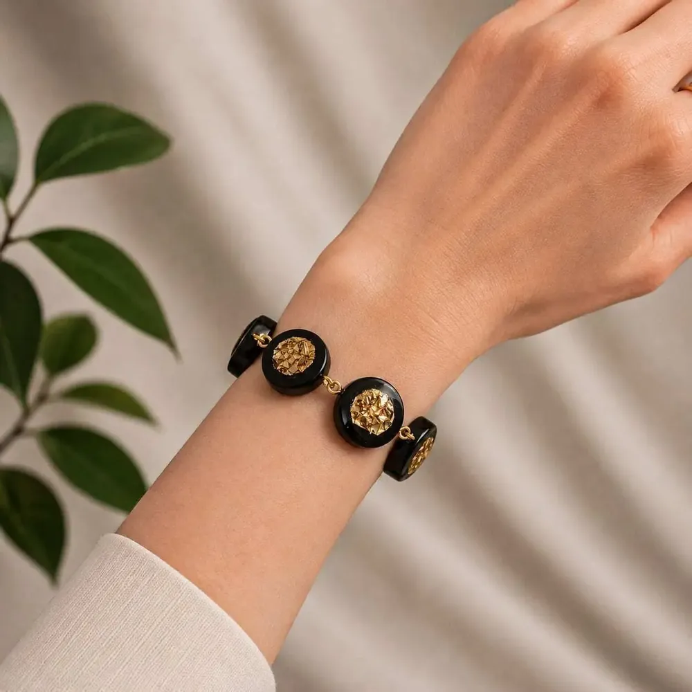 Bracelets - Bog Oak & Resin Bracelet – Round – four settings, gold-tone flecks - GLASS4CANDLES