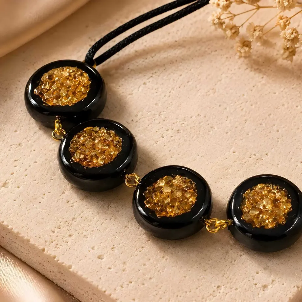 Bracelets - Bog Oak & Resin Bracelet – Round – four settings, gold-tone flecks - GLASS4CANDLES