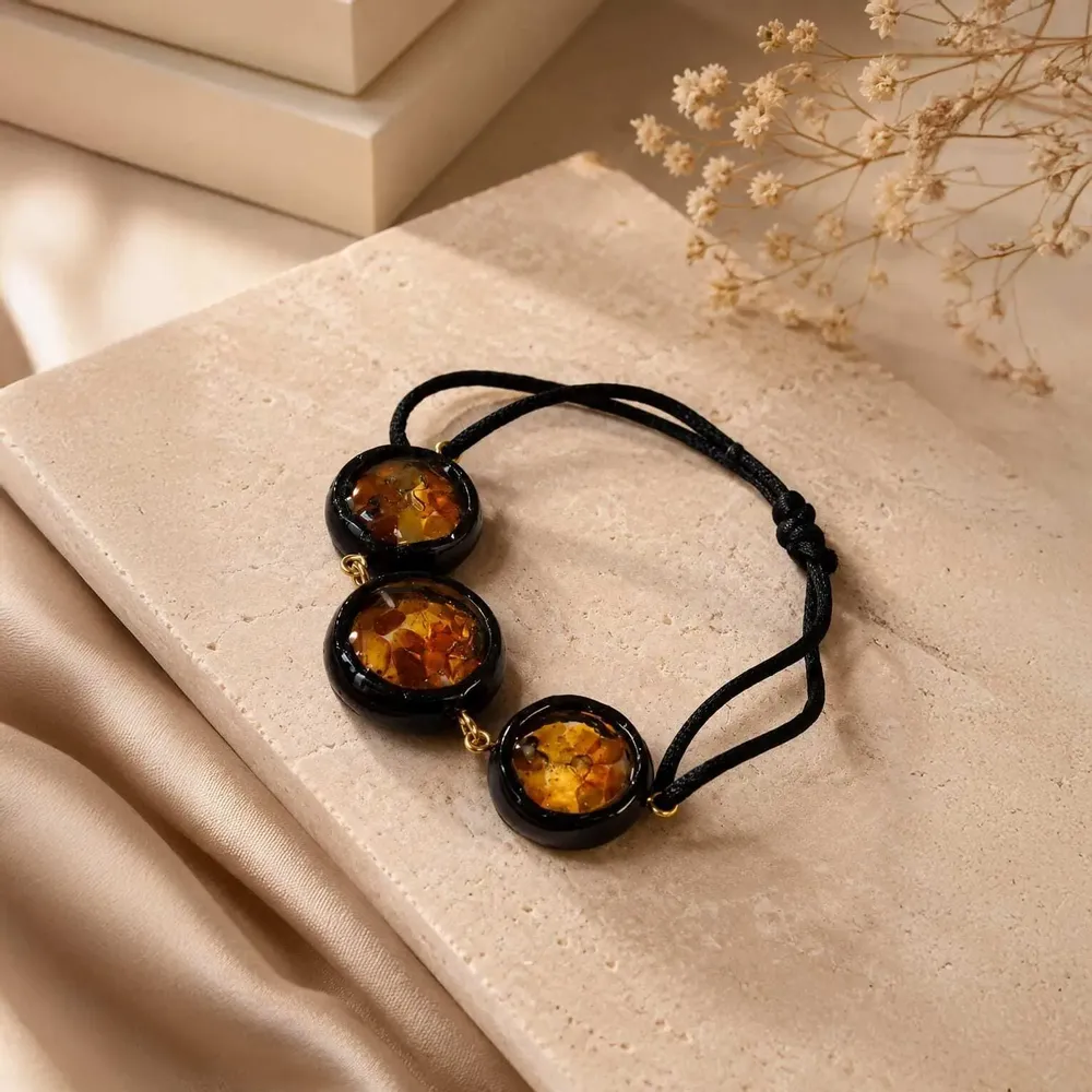 Bracelets - Bog Oak & Amber Bracelet – Round, 200x200x8 mm – three amber settings - GLASS4CANDLES