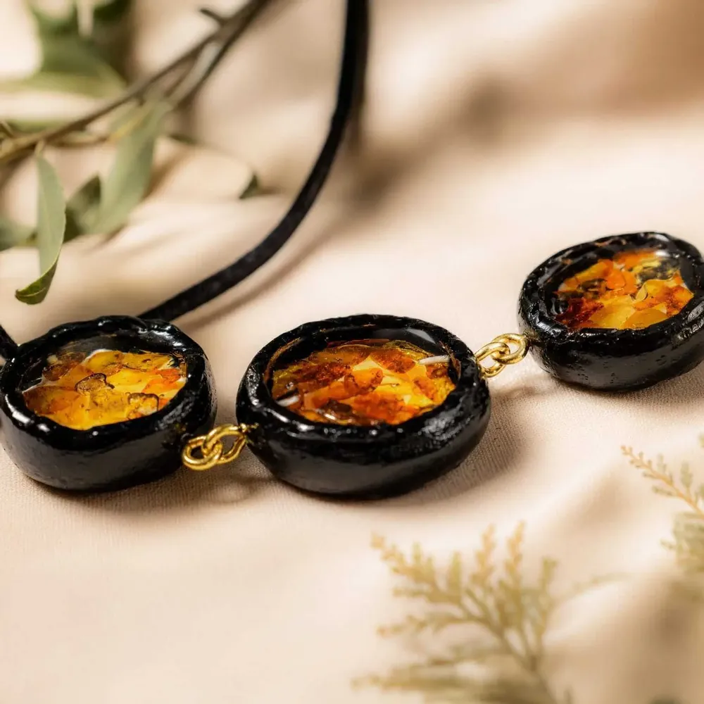 Bracelets - Bog Oak & Amber Bracelet – Round, 200x200x8 mm – three amber settings - GLASS4CANDLES