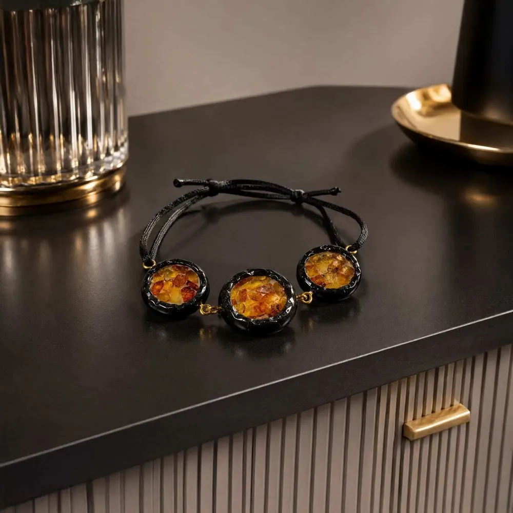 Bracelets - Bog Oak & Amber Bracelet – Round, 200x200x8 mm – three amber settings - GLASS4CANDLES