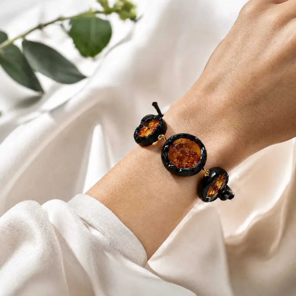 Bracelets - Bog Oak & Amber Bracelet – Round, 200x200x8 mm – three amber settings - GLASS4CANDLES
