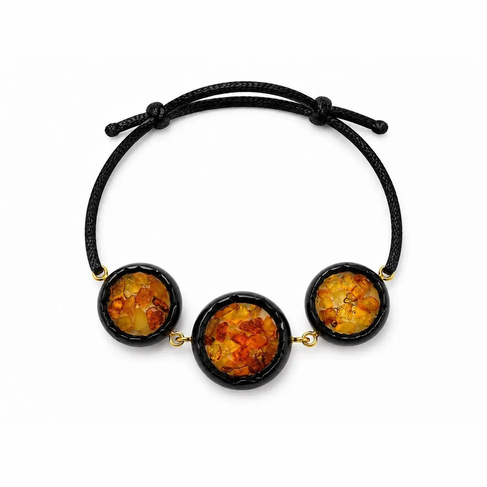 Bracelets - Bog Oak & Amber Bracelet – Round, 200x200x8 mm – three amber settings - GLASS4CANDLES