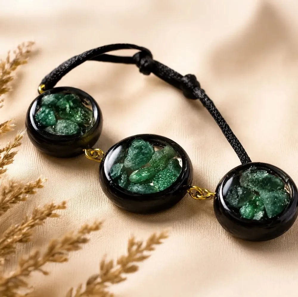 Bracelets - Bog Oak & Baltic Amber Bracelet – Round, 200x200x8 mm – green settings - GLASS4CANDLES