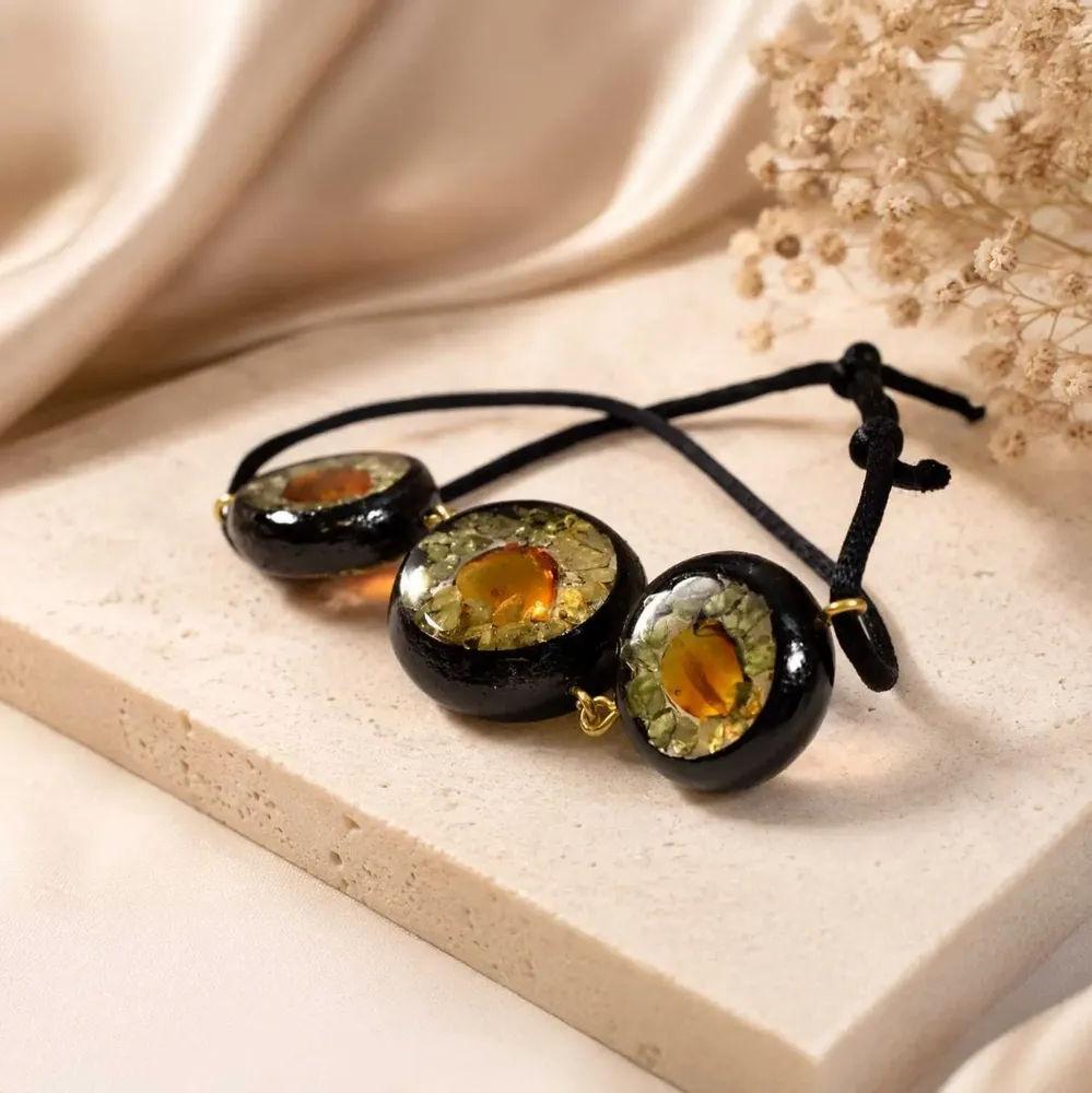 Bracelets - Bog Oak & Baltic Amber Bracelet – Round – light settings with amber - GLASS4CANDLES