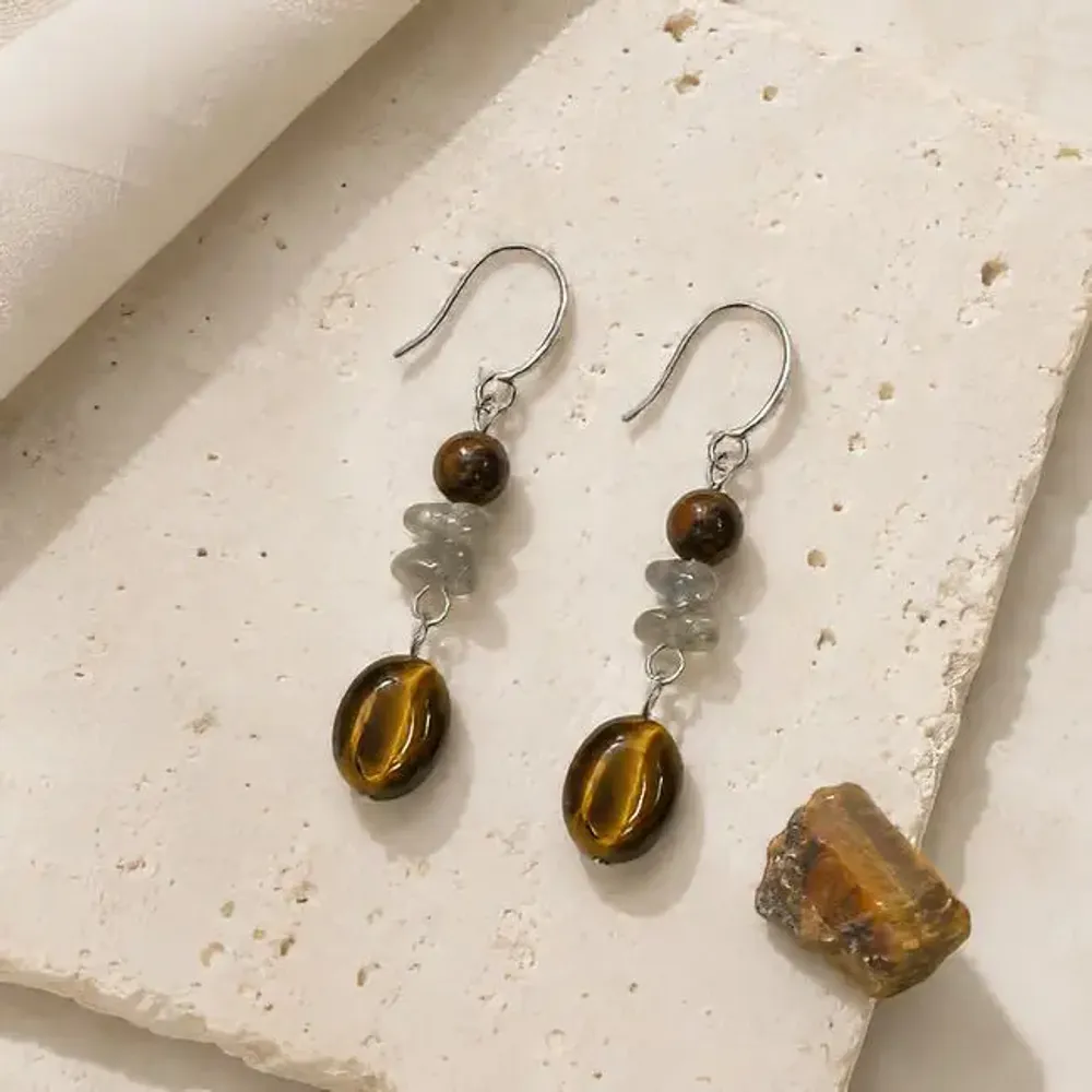 Bijoux - Boucles d'Oreilles Obsidienne Acajou, Labradorite et Œil de Tigre - ARABESK