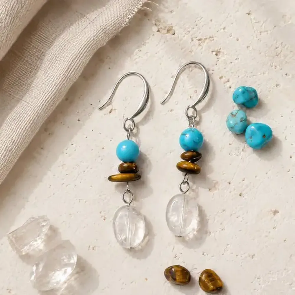 Bijoux - Boucles d'Oreilles Turquénite, Œil de Tigre et Cristal de Roche - ARABESK