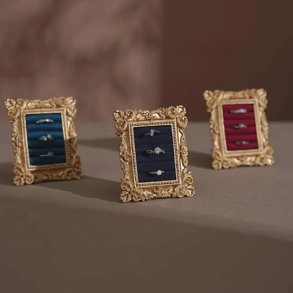 Decorative objects - Rococo Rectangular Ring Display Frame with Brass Stand - WHISPERING WOODS