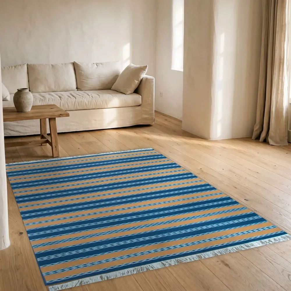 Design carpets - Nido d'Ape Blu Arancio, handwoven wool rug 180 x 250 cm - EUGENIA PINNA