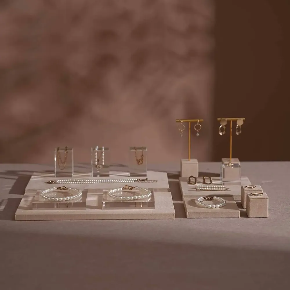 Jewelry - Beige Vegan Suede and Acrylic Jewelry Display Set - WHISPERING WOODS
