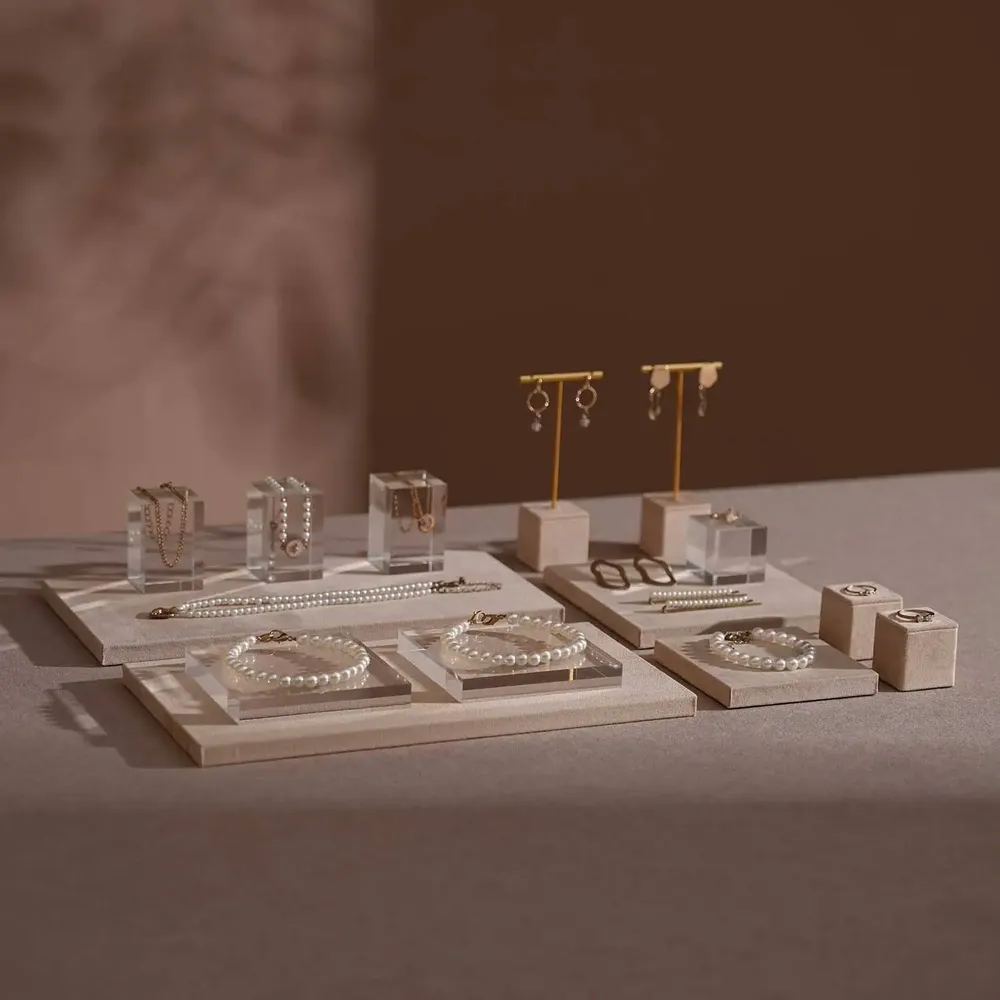 Jewelry - Beige Vegan Suede and Acrylic Jewelry Display Set - WHISPERING WOODS