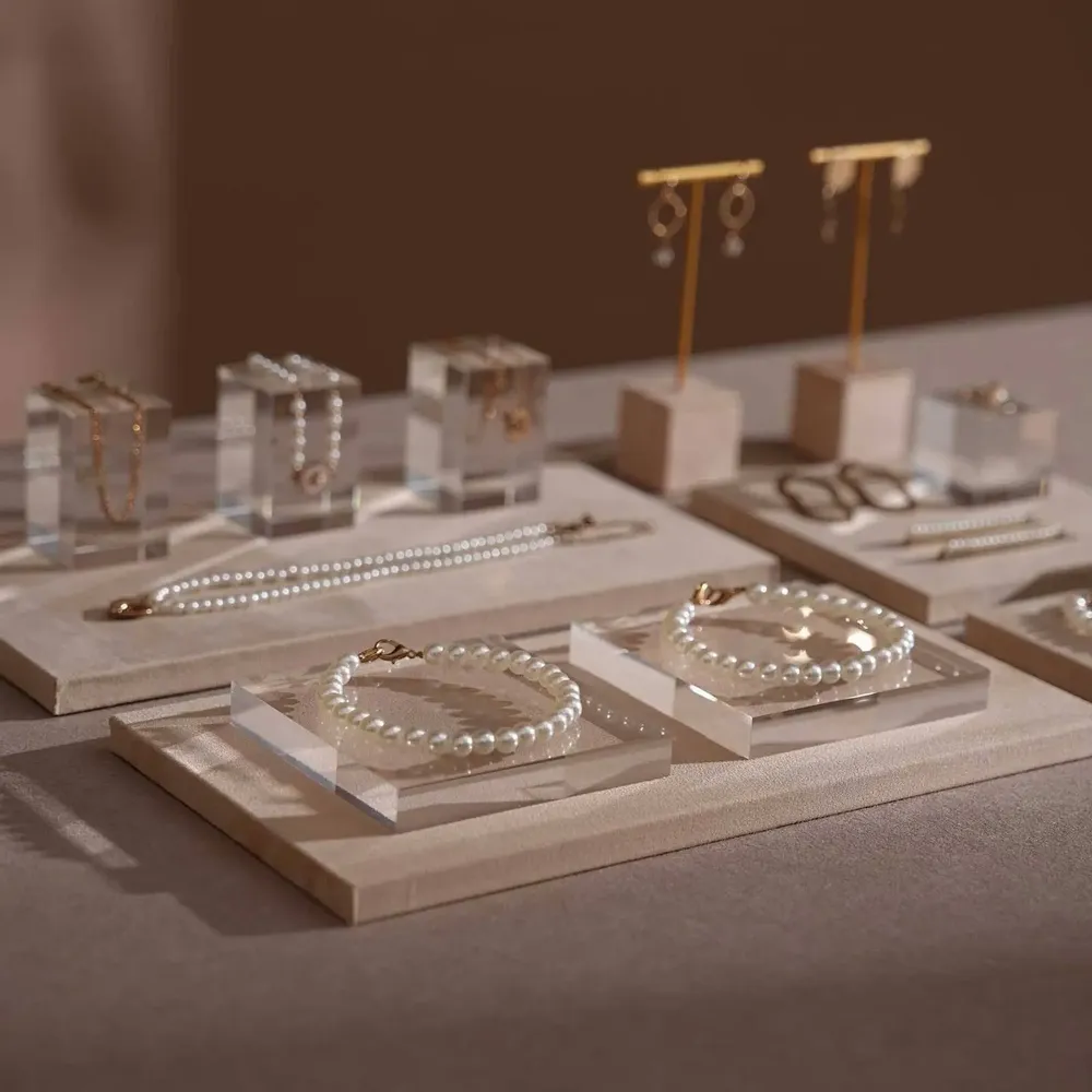 Jewelry - Beige Vegan Suede and Acrylic Jewelry Display Set - WHISPERING WOODS