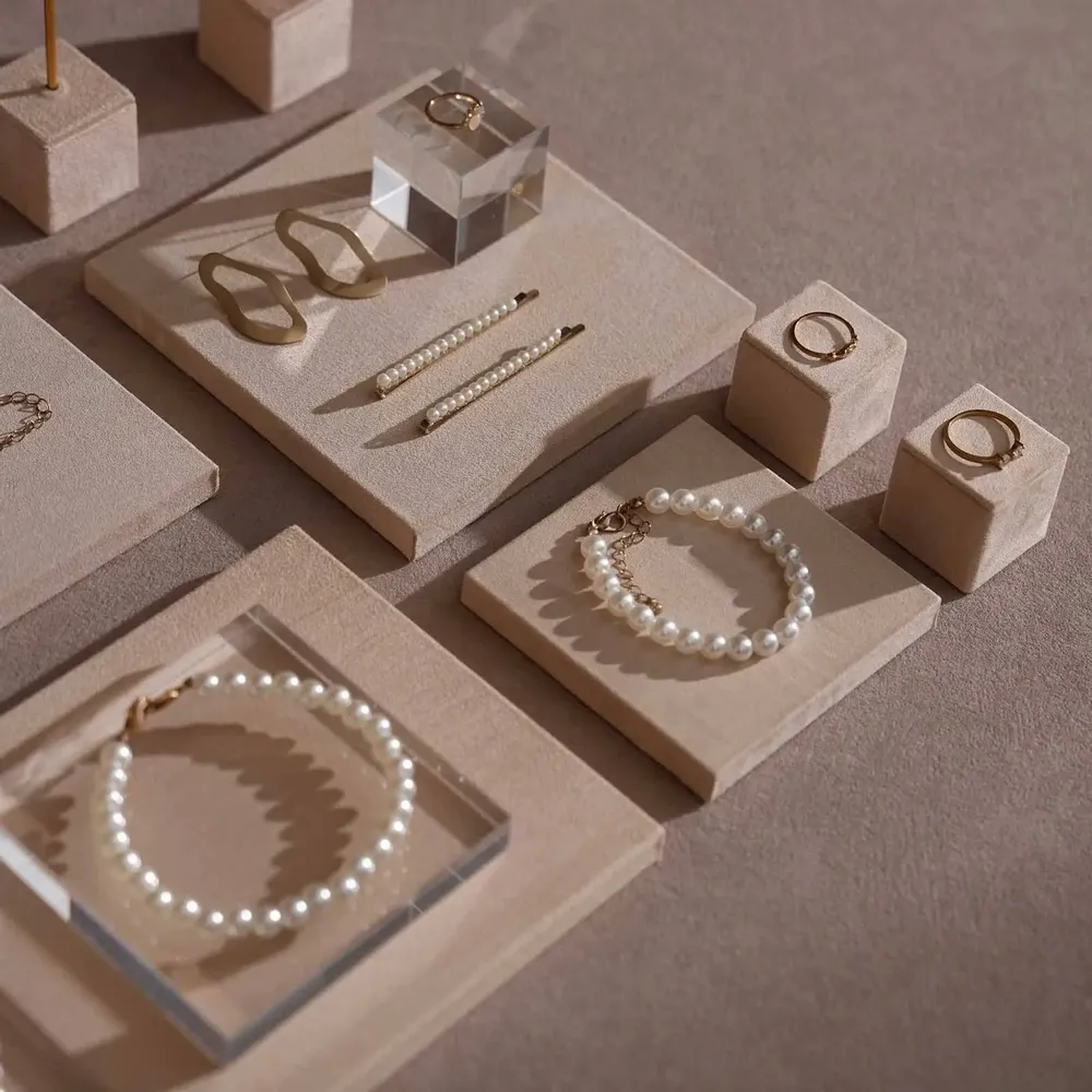 Jewelry - Beige Vegan Suede and Acrylic Jewelry Display Set - WHISPERING WOODS