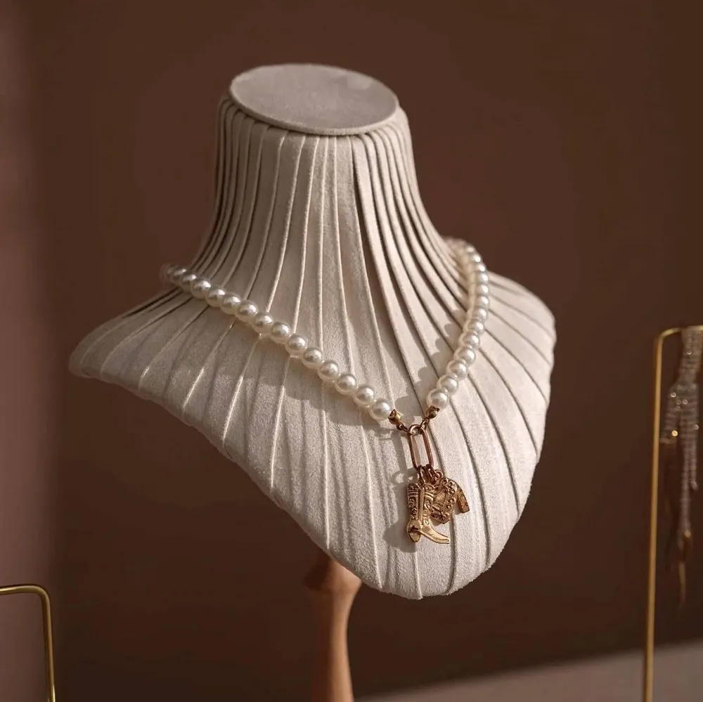 Jewelry - Pleated Vegan Suede Necklace Bust Display Set with Brass and Marble - WHISPERING WOODS