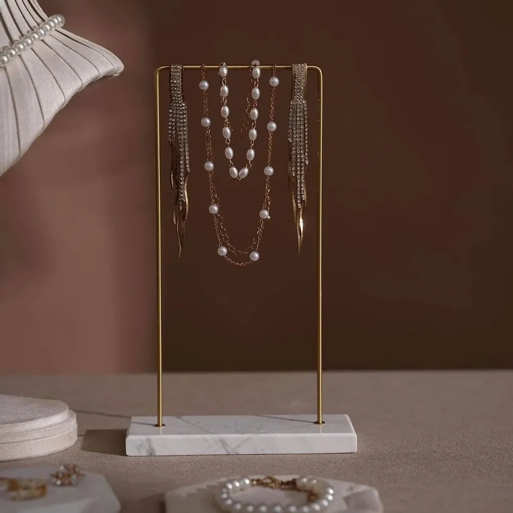 Jewelry - Pleated Vegan Suede Necklace Bust Display Set with Brass and Marble - WHISPERING WOODS