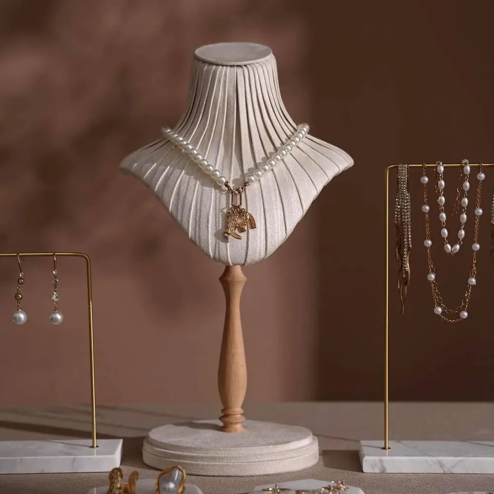 Jewelry - Pleated Vegan Suede Necklace Bust Display Set with Brass and Marble - WHISPERING WOODS