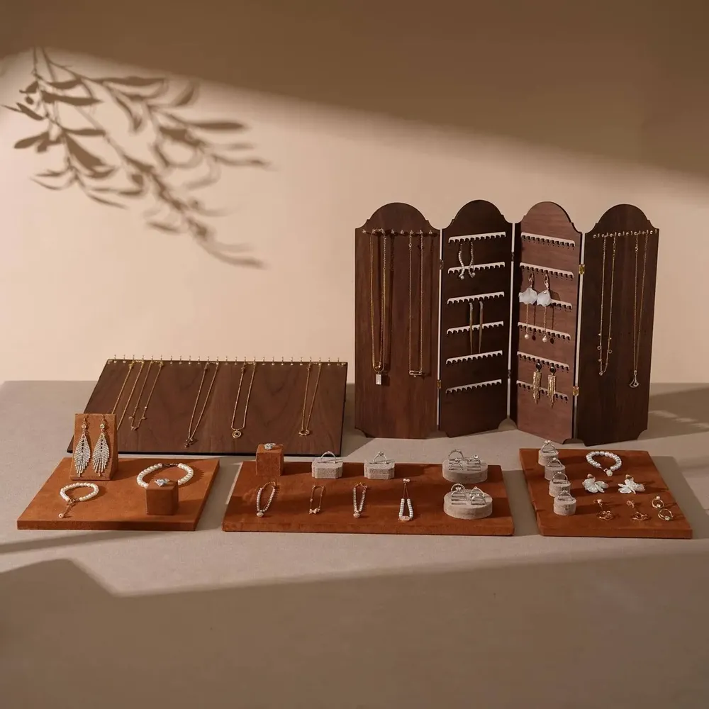Jewelry - Caramel Vegan Suede and Walnut Veneer Jewelry Display Set - WHISPERING WOODS