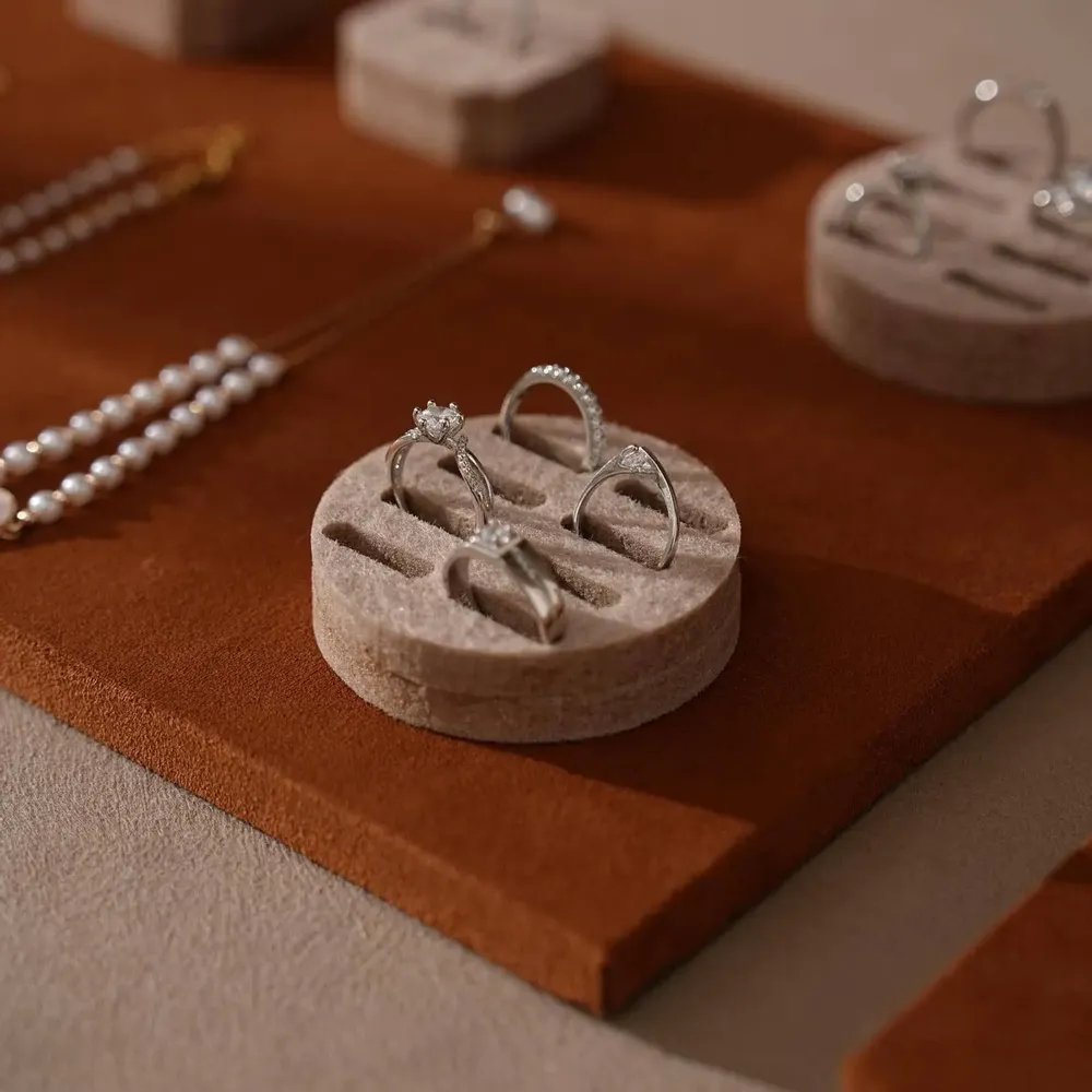Jewelry - Caramel Vegan Suede and Walnut Veneer Jewelry Display Set - WHISPERING WOODS