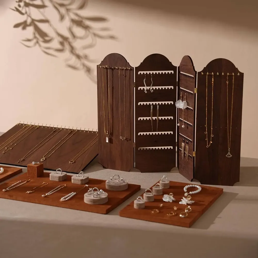 Jewelry - Caramel Vegan Suede and Walnut Veneer Jewelry Display Set - WHISPERING WOODS