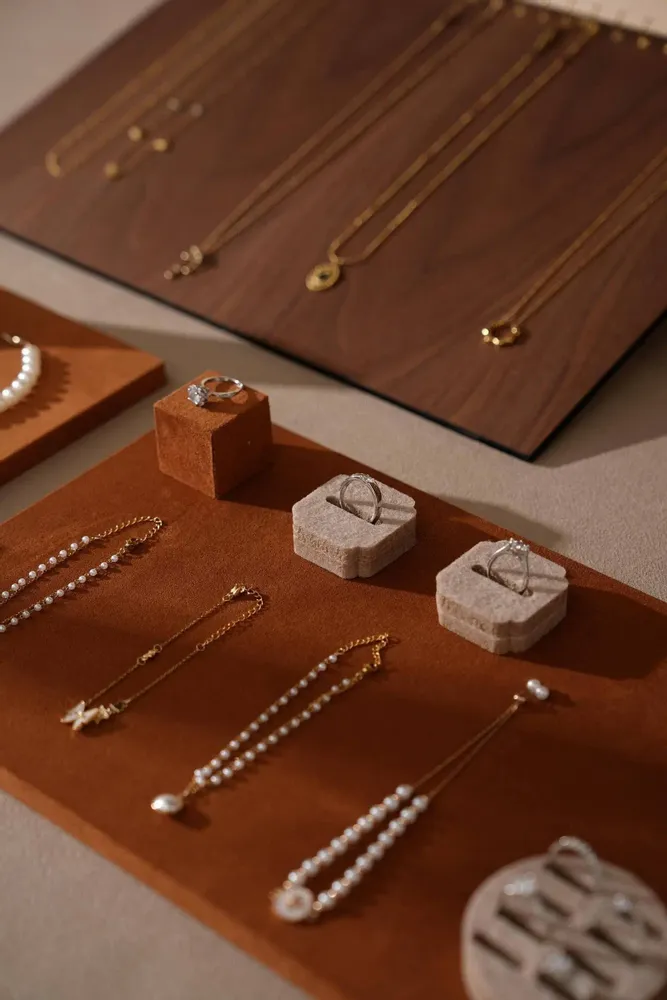Jewelry - Caramel Vegan Suede and Walnut Veneer Jewelry Display Set - WHISPERING WOODS