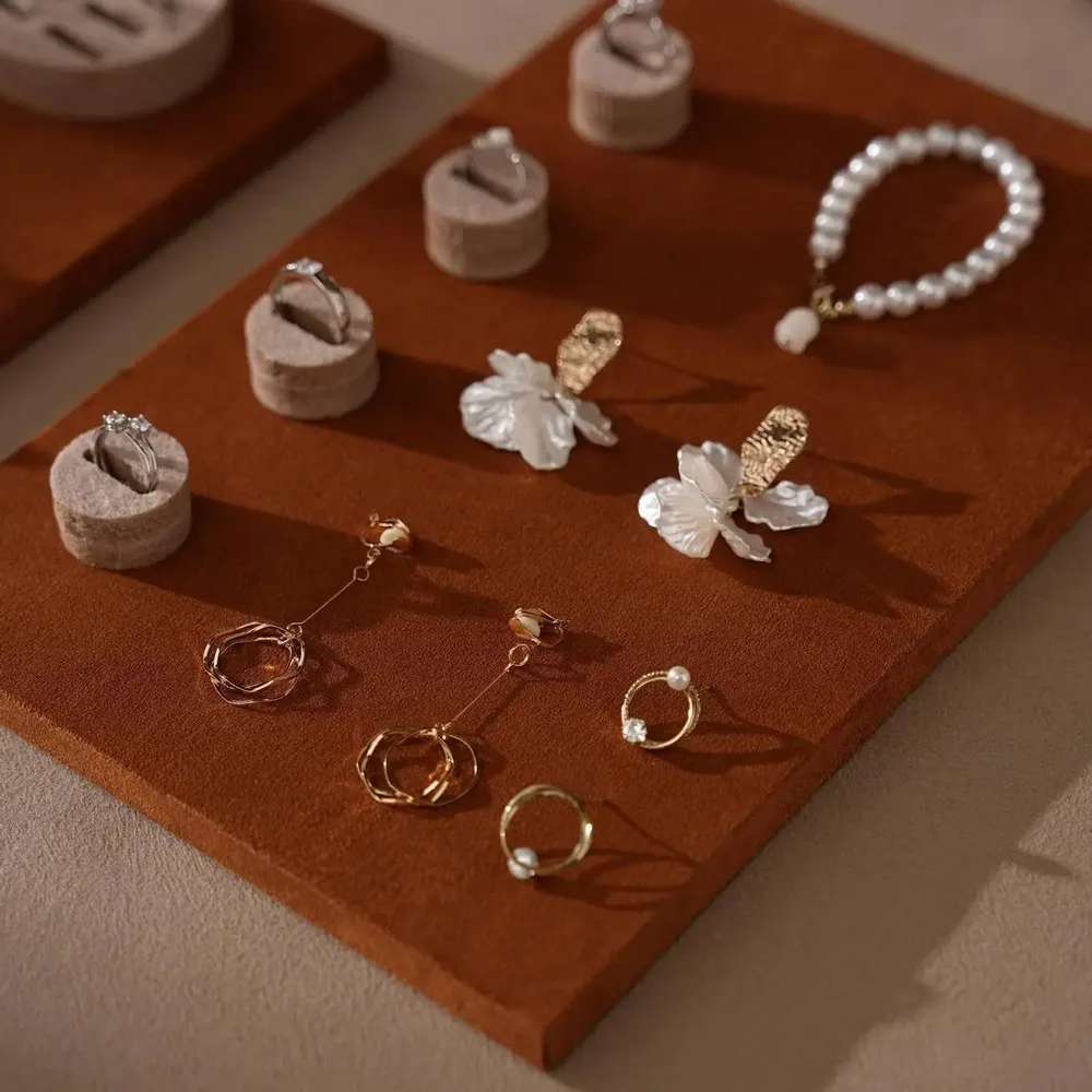 Jewelry - Caramel Vegan Suede and Walnut Veneer Jewelry Display Set - WHISPERING WOODS