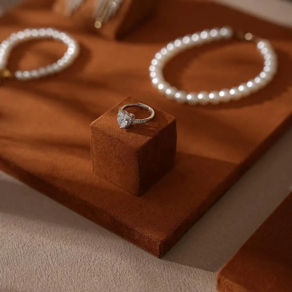 Jewelry - Caramel Vegan Suede and Walnut Veneer Jewelry Display Set - WHISPERING WOODS