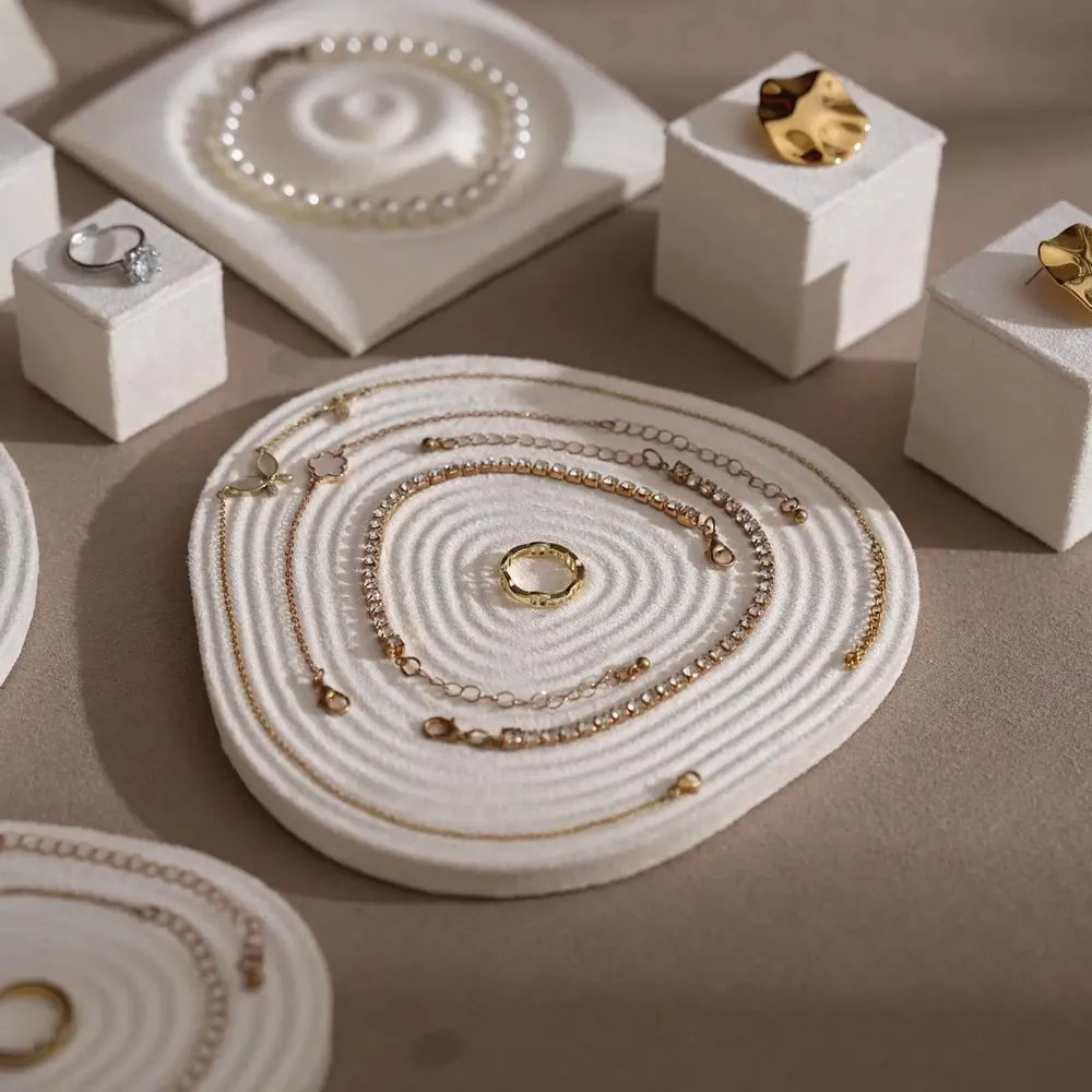 Jewelry - White Vegan Suede Jewelry Display Set with Dishes and Trays - WHISPERING WOODS