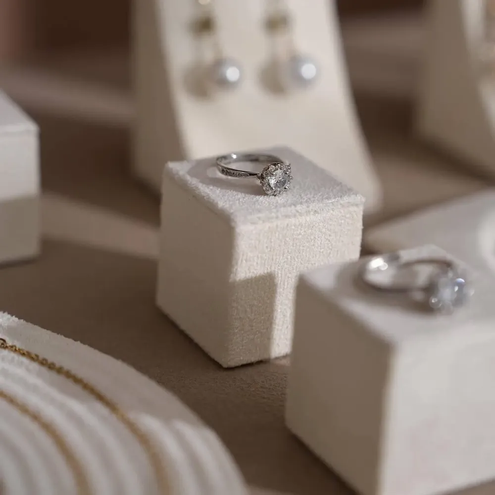 Jewelry - White Vegan Suede Jewelry Display Set with Dishes and Trays - WHISPERING WOODS
