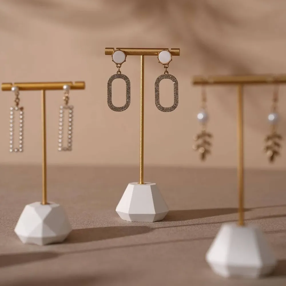 Jewelry - Gold T-Bar Earring Holder with Sculptural Gypsum Base - WHISPERING WOODS