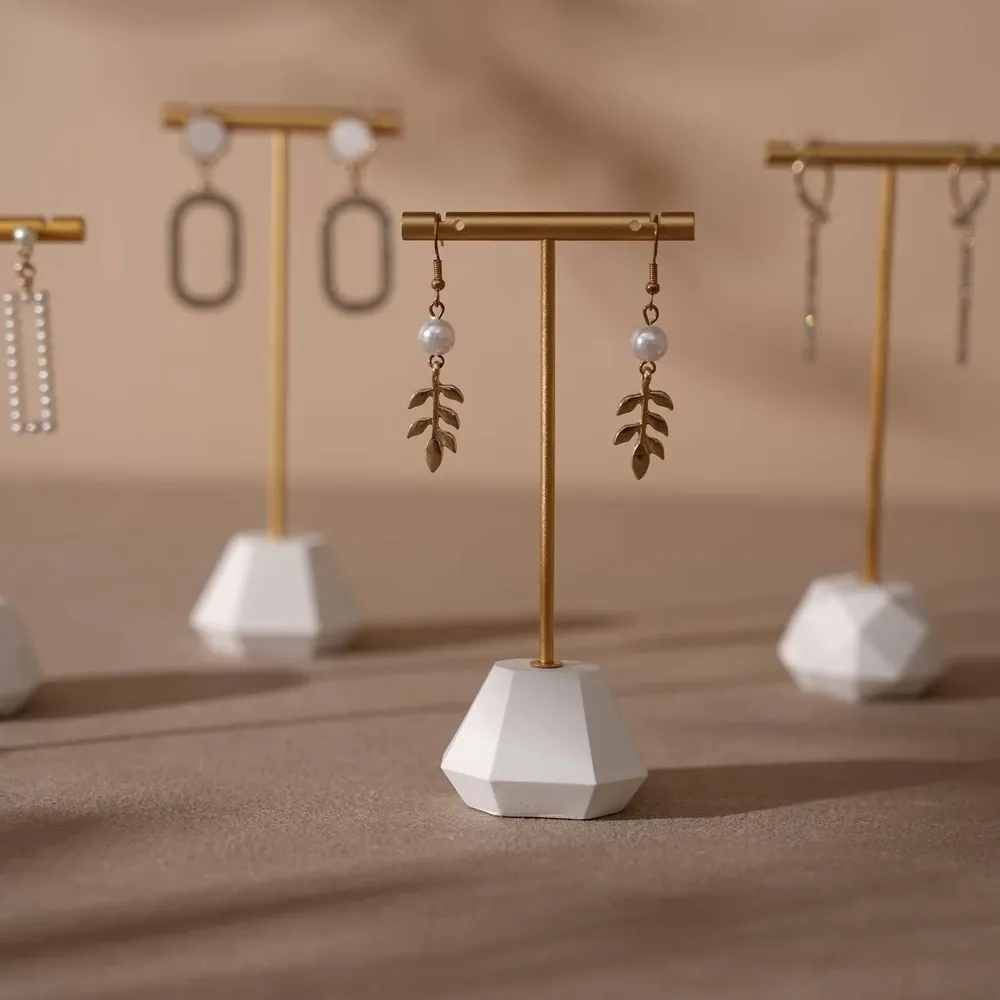 Jewelry - Gold T-Bar Earring Holder with Sculptural Gypsum Base - WHISPERING WOODS