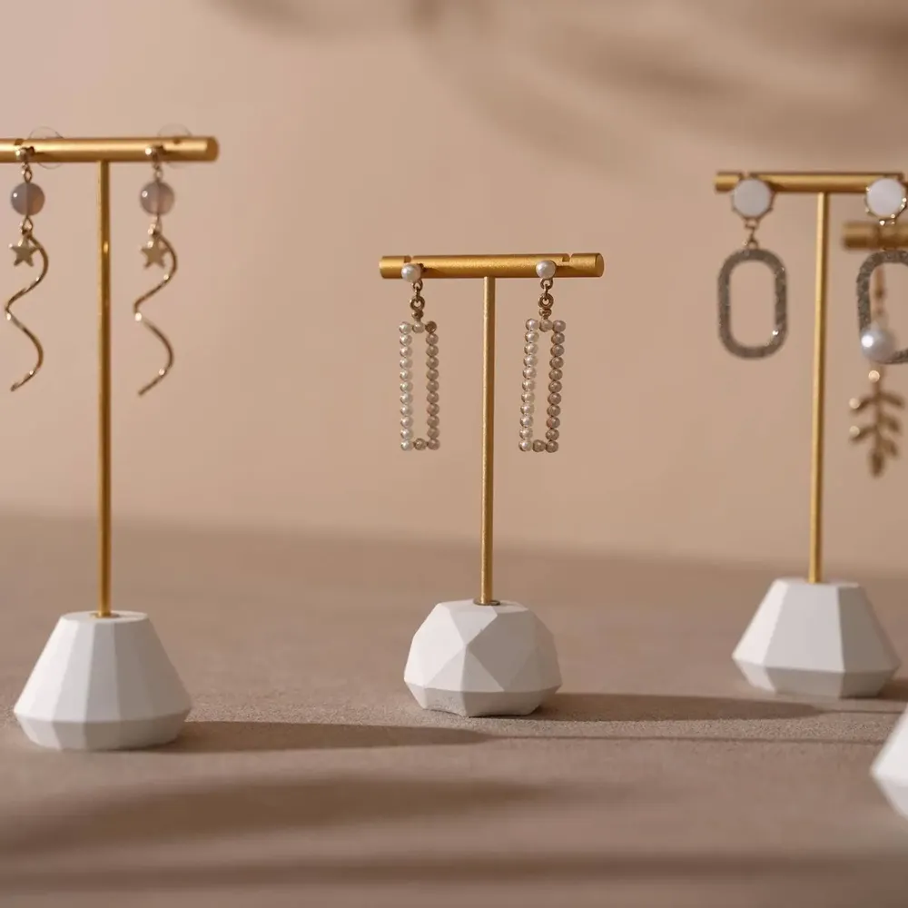 Jewelry - Gold T-Bar Earring Holder with Sculptural Gypsum Base - WHISPERING WOODS