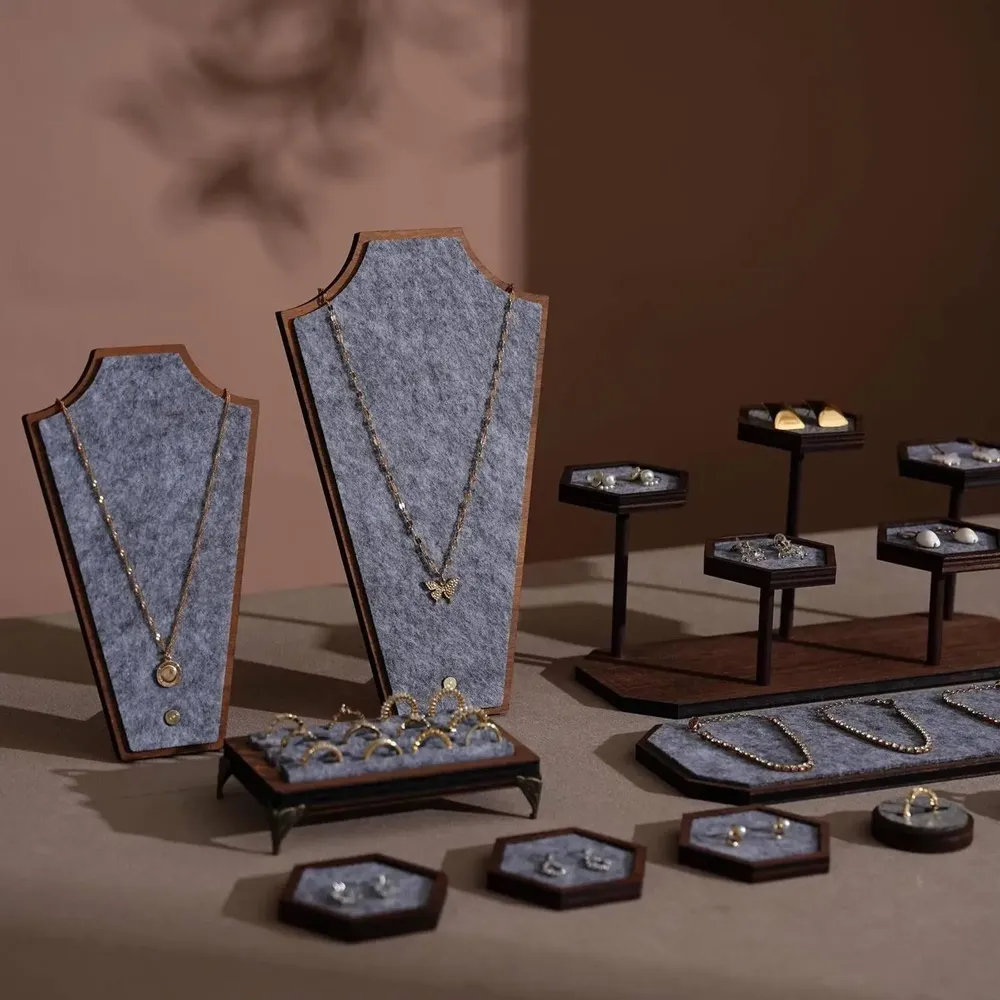 Jewelry - Gray Felt and Walnut Veneer Jewelry Display Set - WHISPERING WOODS