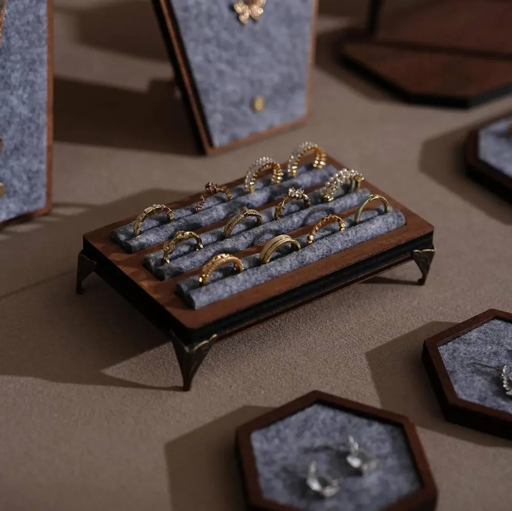 Jewelry - Gray Felt and Walnut Veneer Jewelry Display Set - WHISPERING WOODS