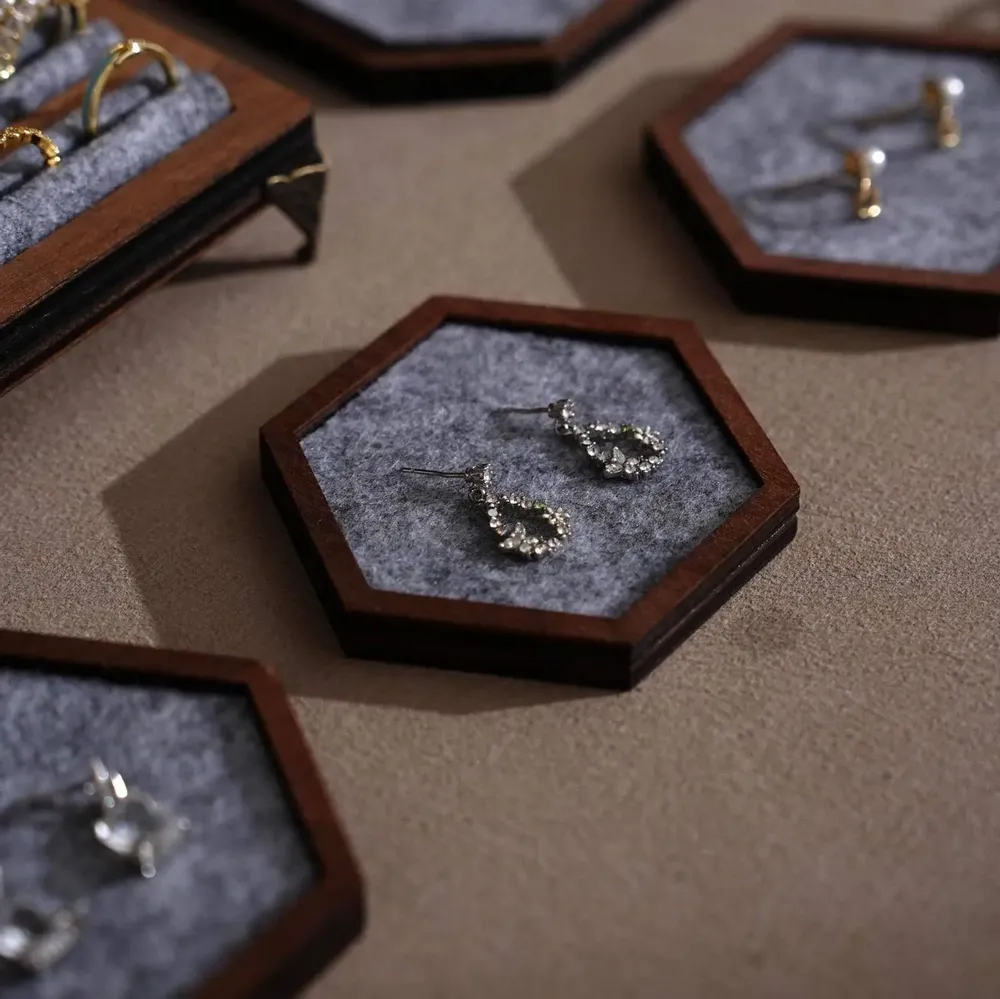 Jewelry - Gray Felt and Walnut Veneer Jewelry Display Set - WHISPERING WOODS