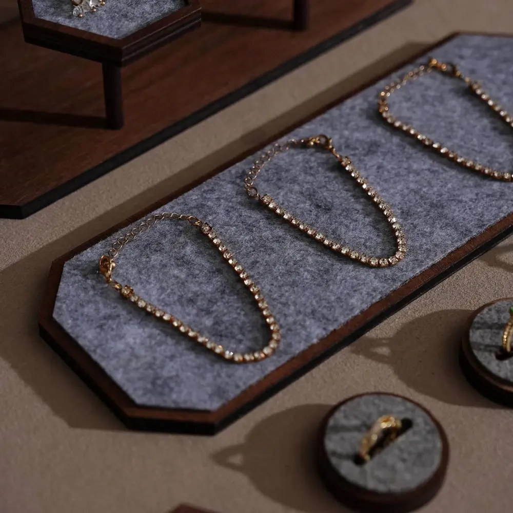 Jewelry - Gray Felt and Walnut Veneer Jewelry Display Set - WHISPERING WOODS