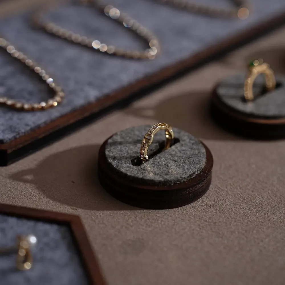 Jewelry - Gray Felt and Walnut Veneer Jewelry Display Set - WHISPERING WOODS