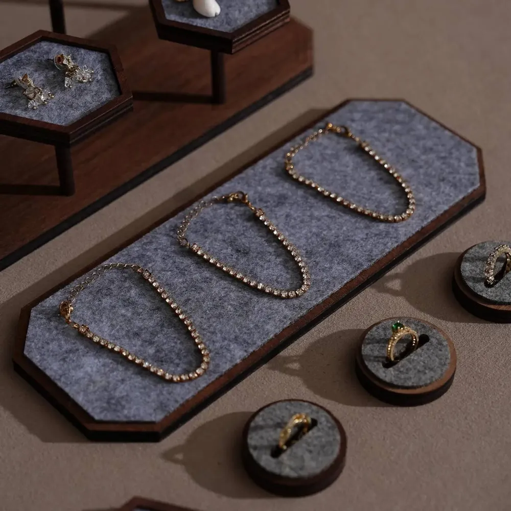 Jewelry - Gray Felt and Walnut Veneer Jewelry Display Set - WHISPERING WOODS
