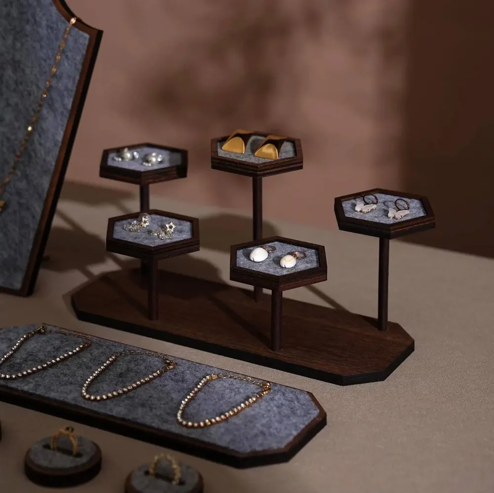 Jewelry - Gray Felt and Walnut Veneer Jewelry Display Set - WHISPERING WOODS
