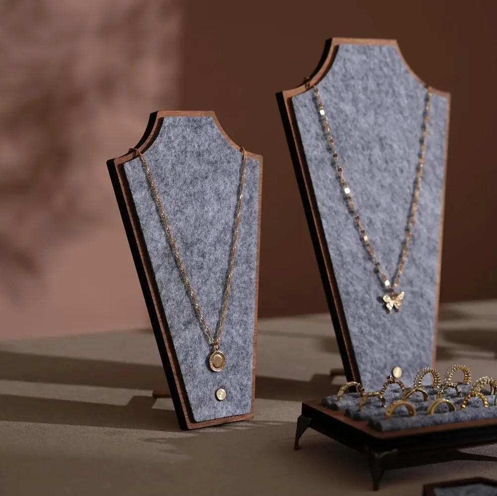 Jewelry - Gray Felt and Walnut Veneer Jewelry Display Set - WHISPERING WOODS