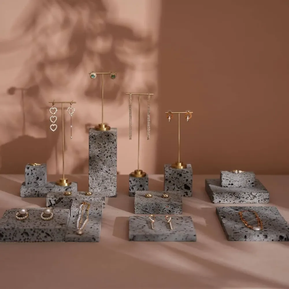 Jewelry - Natural Lava Stone and Brass Jewelry Display Set - WHISPERING WOODS