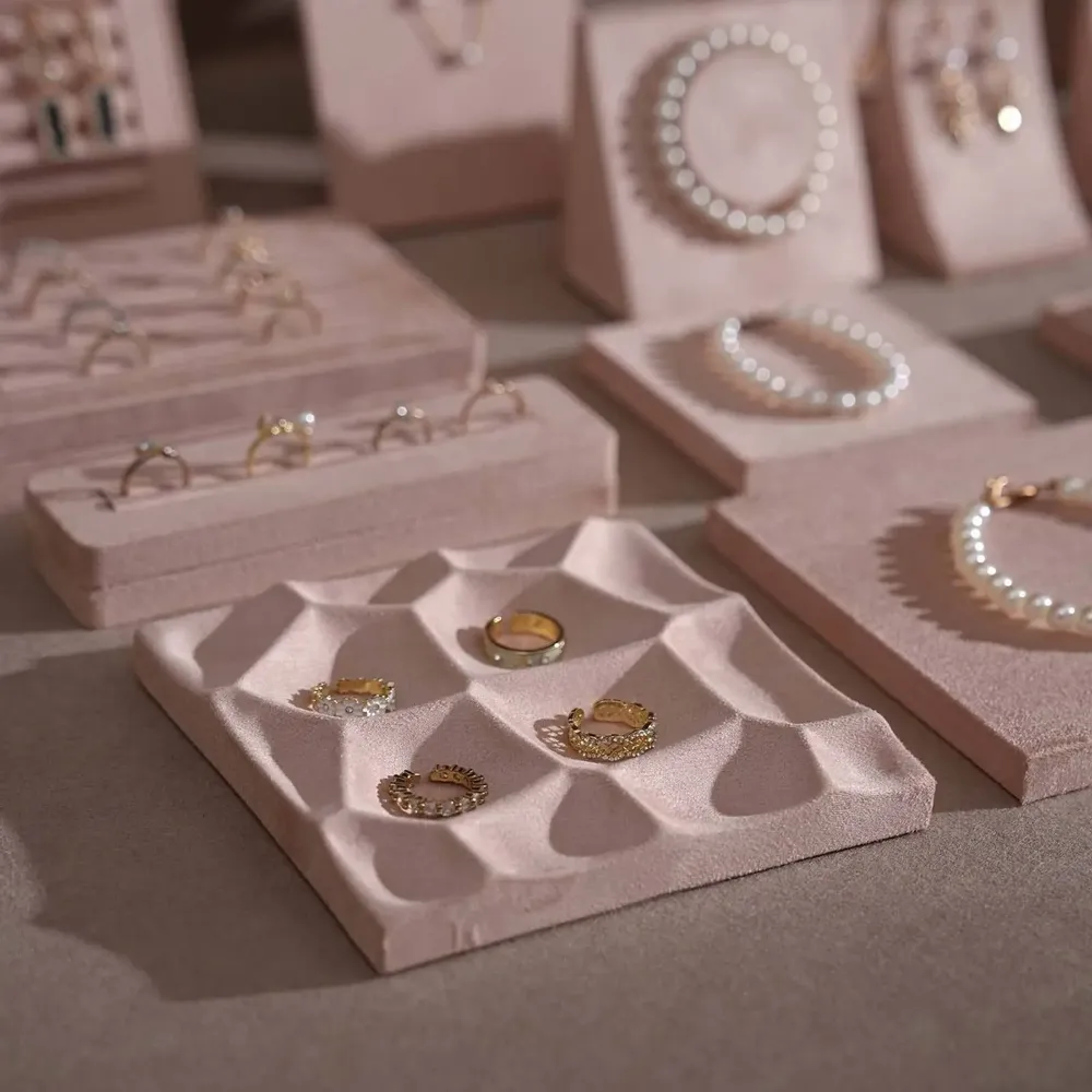 Jewelry - Soft Blush Pink Vegan Suede Jewelry Display Set with Necklace Rail - WHISPERING WOODS