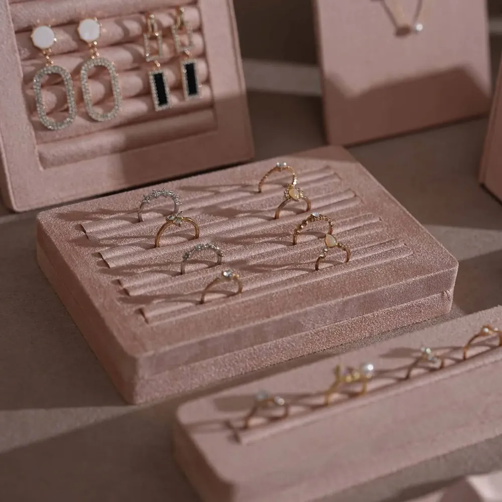 Jewelry - Soft Blush Pink Vegan Suede Jewelry Display Set with Necklace Rail - WHISPERING WOODS
