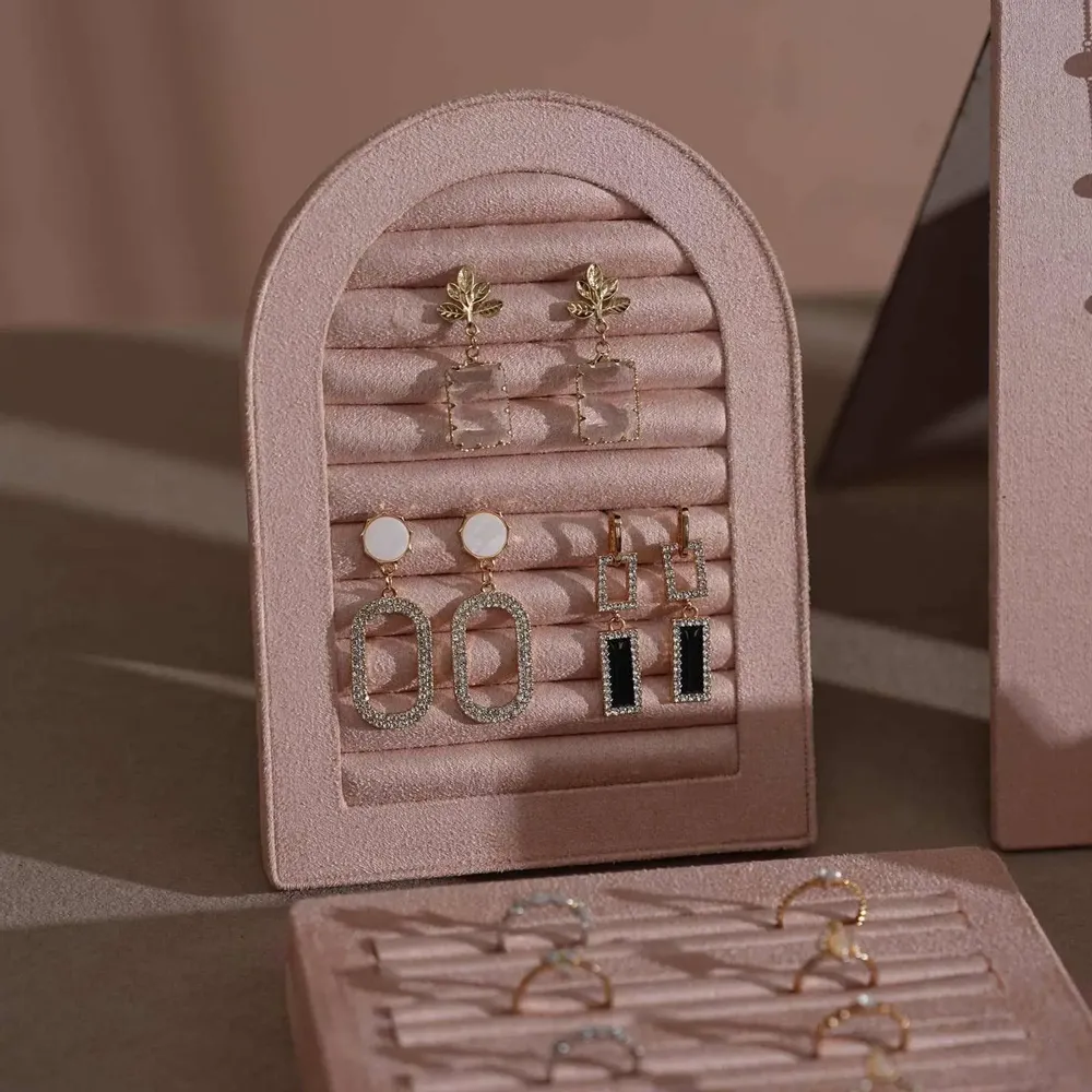Jewelry - Soft Blush Pink Vegan Suede Jewelry Display Set with Necklace Rail - WHISPERING WOODS