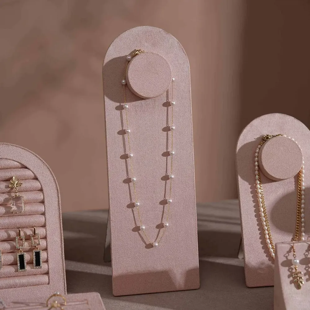 Jewelry - Soft Blush Pink Vegan Suede Jewelry Display Set with Necklace Rail - WHISPERING WOODS
