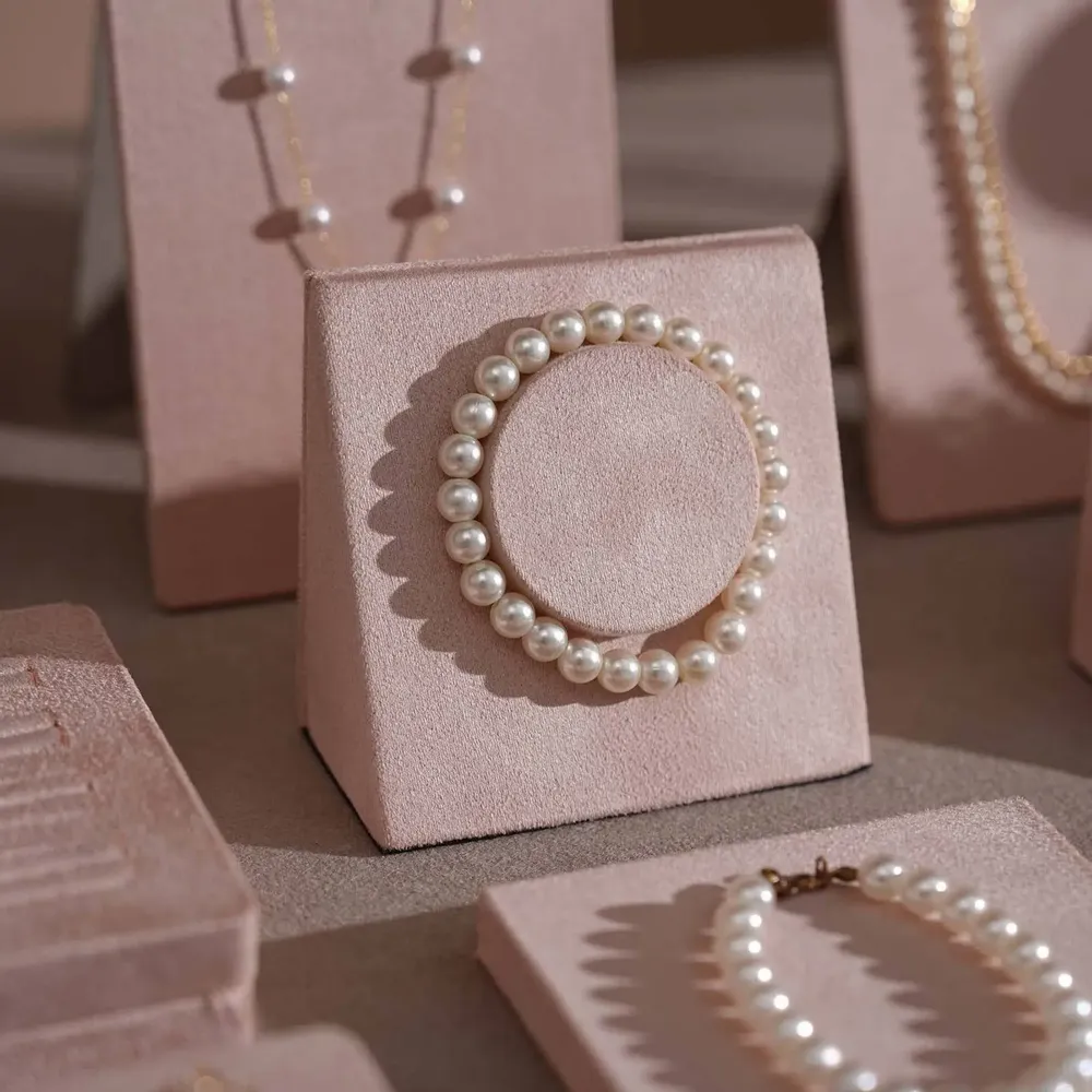 Jewelry - Soft Blush Pink Vegan Suede Jewelry Display Set with Necklace Rail - WHISPERING WOODS