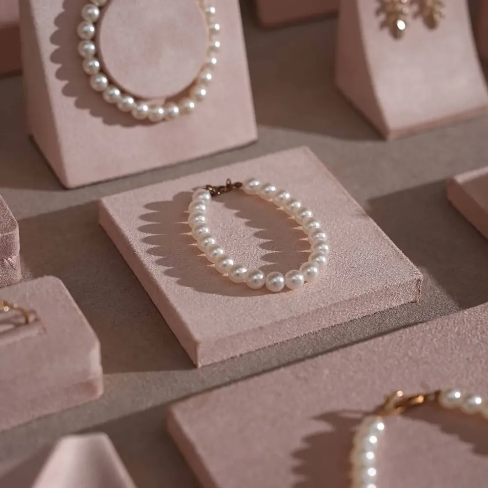 Jewelry - Soft Blush Pink Vegan Suede Jewelry Display Set with Necklace Rail - WHISPERING WOODS