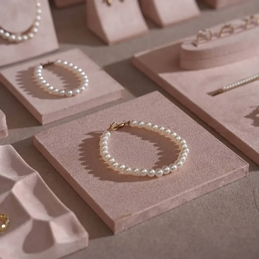 Jewelry - Soft Blush Pink Vegan Suede Jewelry Display Set with Necklace Rail - WHISPERING WOODS