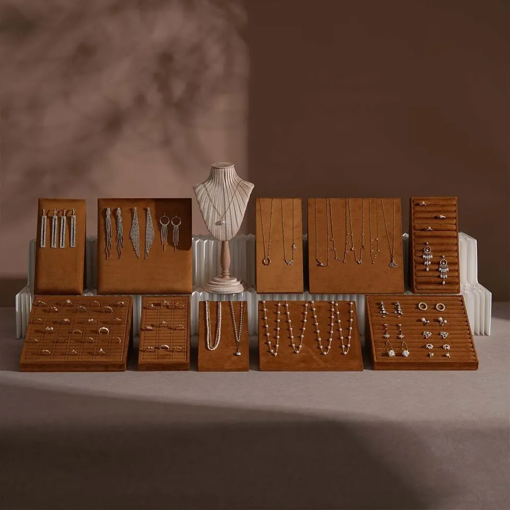 Jewelry - Terrace Sloped Jewelry Display Set in Caramel Vegan Suede - WHISPERING WOODS